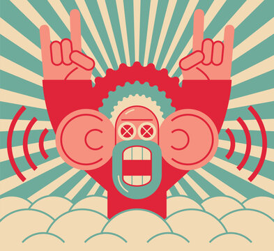 Flat vector illustration of a cool energized monkey with big ears listening to loud sound waves, enjoying music, gesturing rock and roll sign against a retro sunburst background