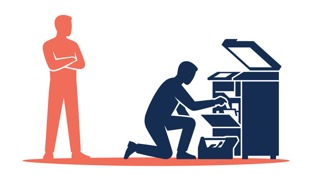 Professional technician repairing office printer silhouette illustration
