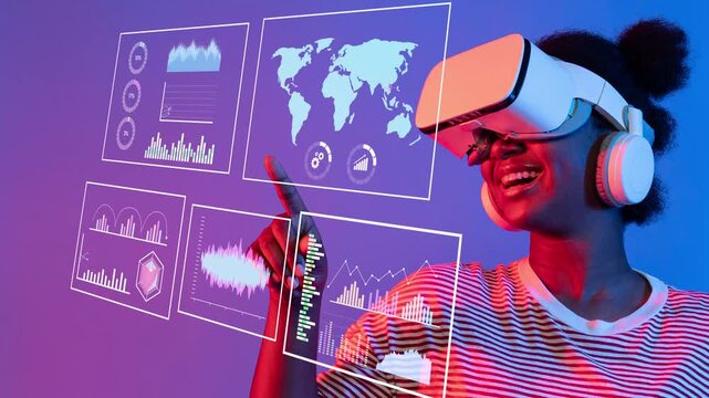 Young woman wearing virtual reality headset interacts with data visualizations in vibrant setting, embracing technology and innovation in modern world Gluon.