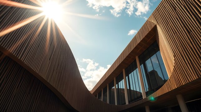 Modern corporate building with curved wooden louver facade and bright sunburst flare in blue sky