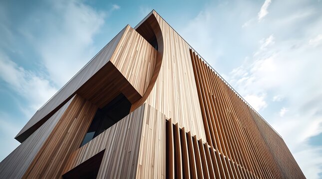 Deconstructivist modern building with geometric wooden block cladding and vertical fins