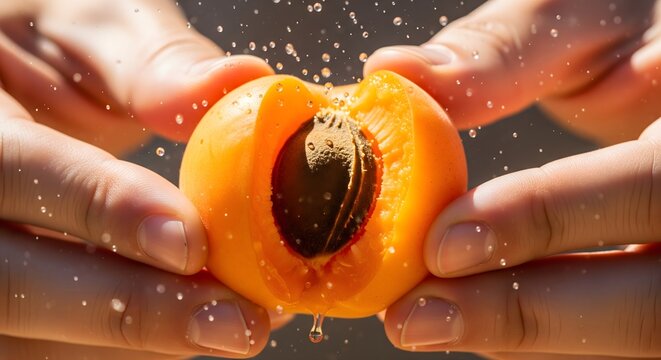 Fresh apricot being pulled apart by hands with water droplets splashing