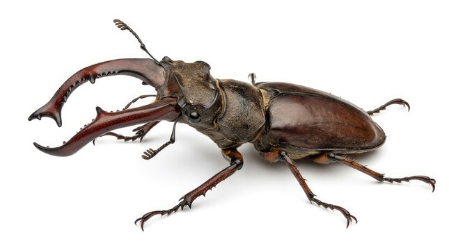 A close-up macro shot of a stag beetle with impressive mandibles, isolated on a white background. The insect displays its segmented body and six legs, showcasing intricate details.
