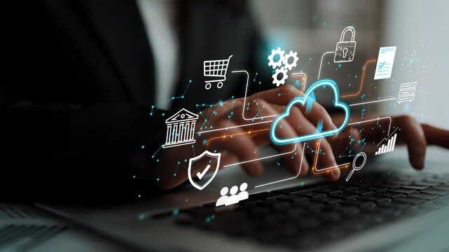 Hands Typing on Laptop with Digital Cloud Icons Representing Technology, Business, Security, Data Management and E-commerce Concepts in Modern Workspace. Entropy.