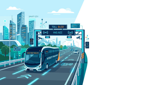 Modern electric bus driving on a highway near a city skyline.