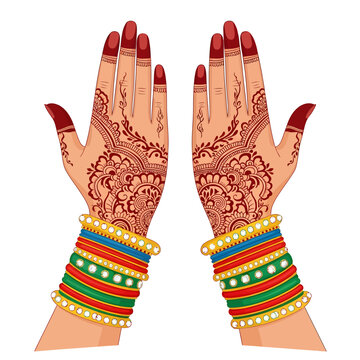 Woman's hands adorned with henna on Kajari Teej festival celebration