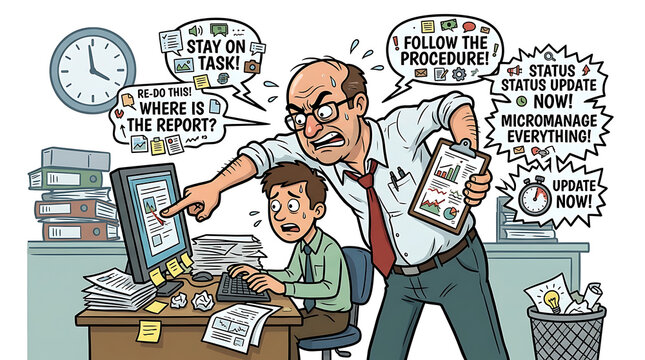 A stressed businessman guides a young colleague at a cluttered office desk.