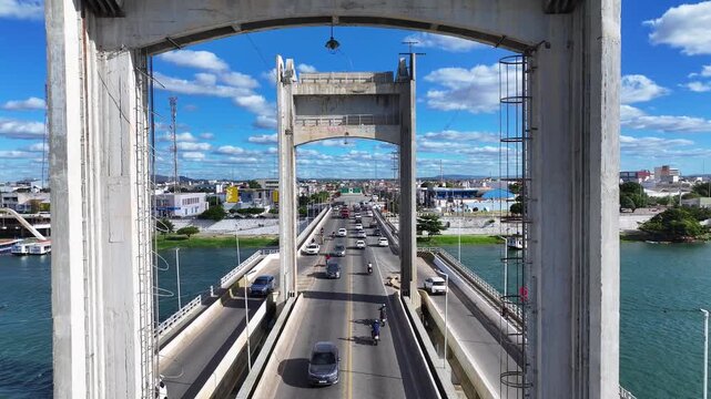 Dutra President Bridge In Juazeiro Bahia Brazil. Highway Interchange Crossing City With Traffic Jam. Business Sky Clouds Downtown Cityscape. Business Famous. Juazeiro Bahia.