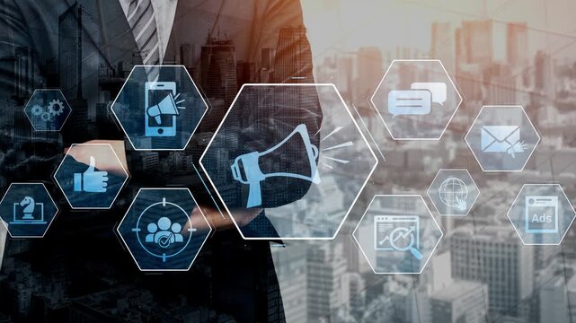 Digital marketing promotion strategy using megaphone, social media marketing, digital ads video content, communication, analytics, and global branding advertisement for business outreach Marrow