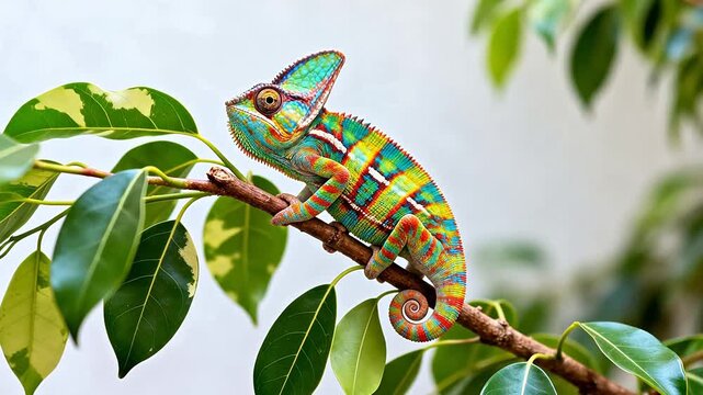 Colorful chameleon on tree branch