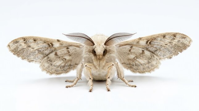 A detailed front view of a fluffy moth with intricate patterns on its wings, showcasing its antennae and legs.