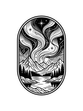 Black and white line art illustration of northern lights over mountains and lake in oval frame. EPS Editable. Vector Illustrations.