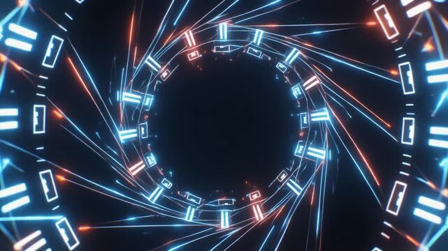 A futuristic digital payment network tunnel with glowing blue and red lines representing a cashless society and financial technology innovation.