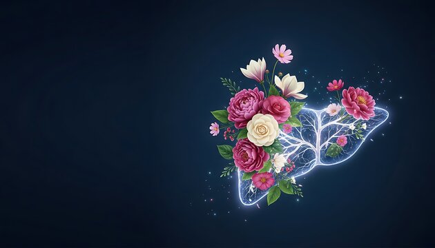 Glowing human liver structure decorated with flowers on a dark textured background representing internal organ health and vitality. low poly world. hepatitis day, liver day medical