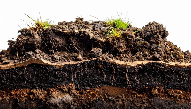 Macro cross section cutaway of layered peat soil isolated on white background. Scientific soil profile for carbon storage and ESG concepts.