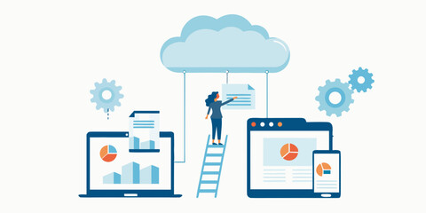 Obraz premium Team Managing Cloud Data With Devices Flat Vector Illustration