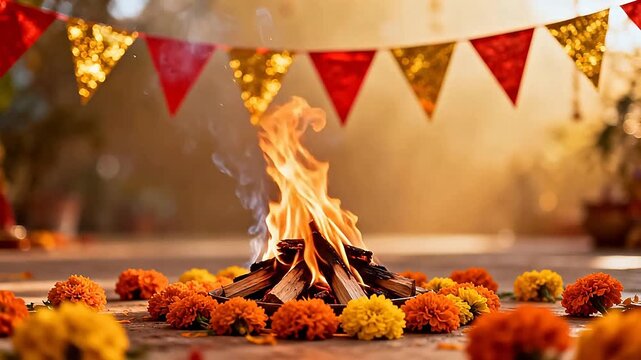 Fire with flowers and flags