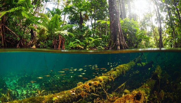 Split level underwater view of wild fish swimming in transparent tea colored peat swamp water for ecology concepts.