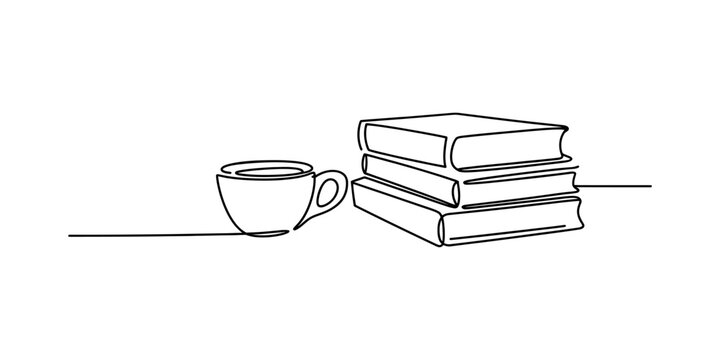 Continuous single line drawing of a stack of books and a coffee cup