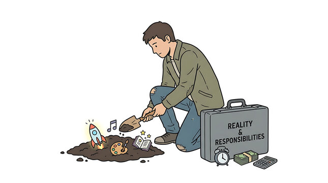 Man burns papers in a symbolic rejection of reality responsibilities
