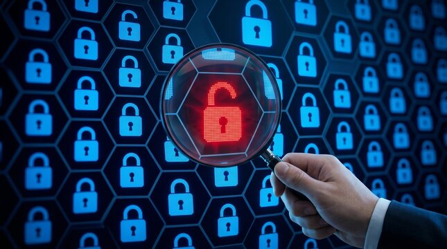 Security engineer identifying vulnerability. Information security in internet network system with unlocked padlock icon and hand holding magnifying glass.