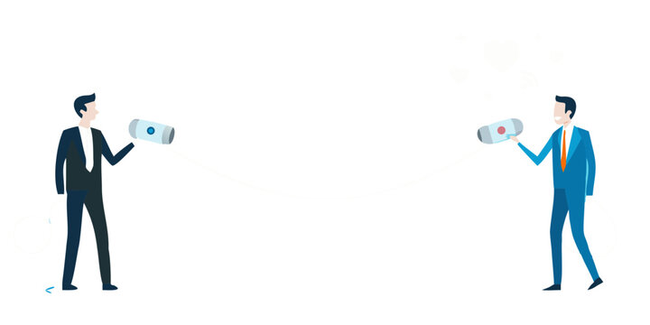 Two Businessmen Communicating With String Telephones Flat Vector Illustration
