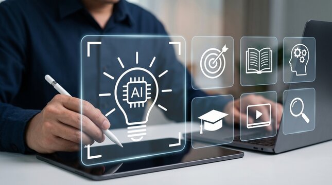 Smart education technology. AI powered idea creation, interactive learning icons, and digital knowledge tools used on tablet for personalized study and training.