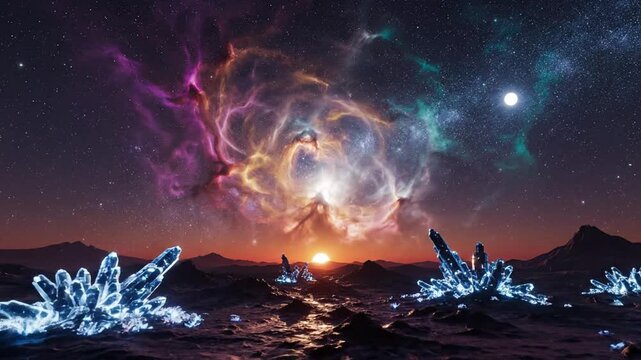 Vibrant nebula explodes over glowing crystal formations at sunset on distant mountain range landscape