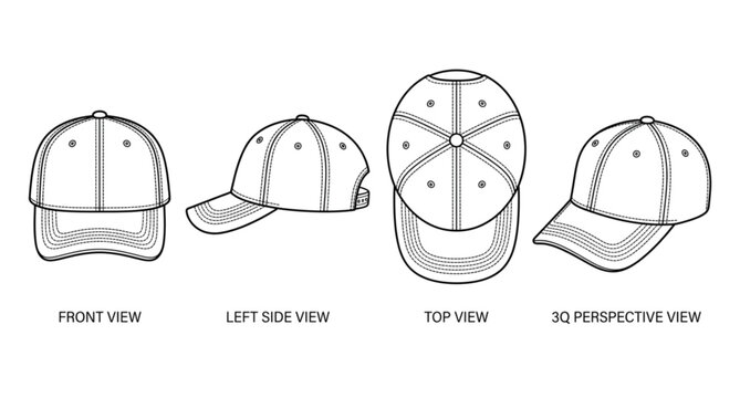 Baseball Cap Outline Vector Set with Top Front Side and Perspective Views