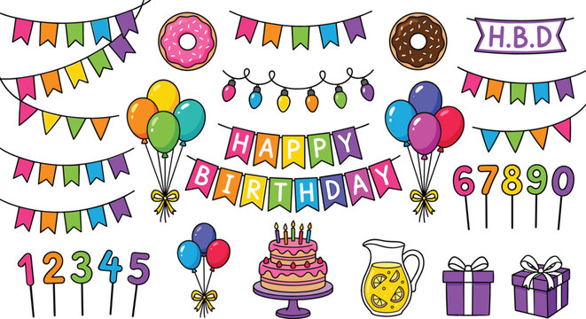 Colorful Happy Birthday Party Decoration Element Set with Balloons, Garlands, Cake, Gifts, and Number Candles for Event Vector Graphic Designs