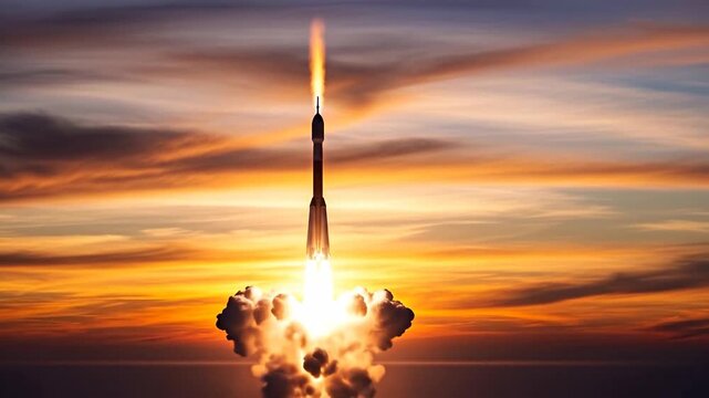 A rocket launches against a stunning sunset backdrop.