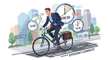 Naklejka premium Efficient Work Lifestyle Illustration – Business Professional Cycling with Speed and Time Symbol Clock in Modern Flat Design