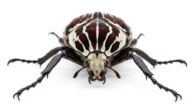 Goliath beetle in full view against white background, highlighting its intricate patterns and sturdy legs