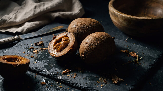 Fresh borojo fruit placed on a dark slate background with a vintage knife, showcasing the unique texture and ripe interior of this exotic tropical superfood