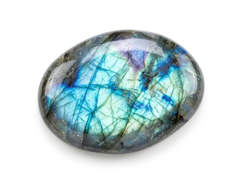 A polished labradorite gemstone showcasing its distinctive iridescent blue and green sheen, set against a clean white background
