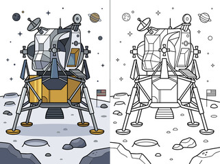 detailed vector illustration of a lunar lander spaceship design resting on the moon's surface with planets © Kevin