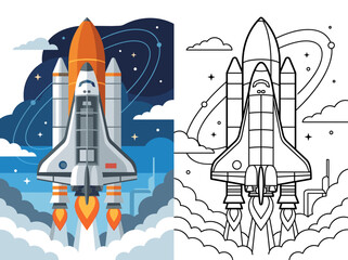 Detailed vector illustration of a powerful space shuttle launching into orbit with fiery exhaust and planetary rings © Kevin