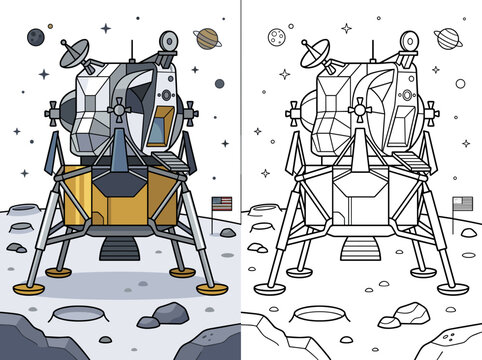 detailed vector illustration of a lunar lander spaceship design resting on the moon's surface with planets