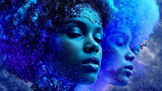 Dual portrait of woman with blue afro