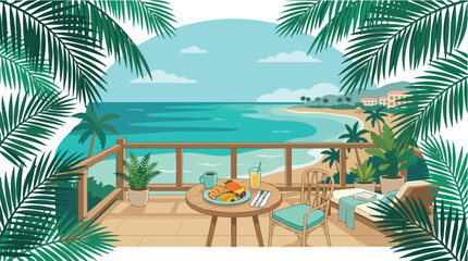 Fototapeta premium Tropical beach holiday illustration featuring a breakfast table on a balcony overlooking the turquoise ocean and sandy shore in a vibrant instagram style aesthetic