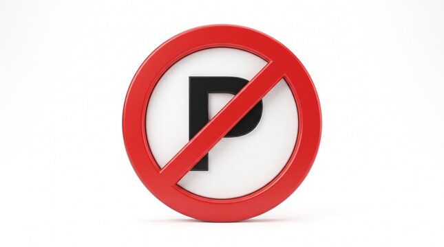 A realistic isolated 3D rendering of a no parking road traffic sign symbol featuring a red circular border with a diagonal strike through a letter P on white background