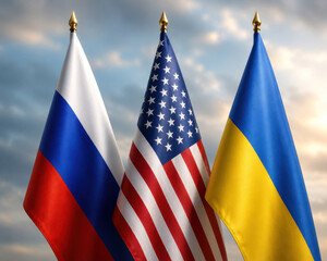 Fototapeta premium Flags of Russia, United States and Ukraine Symbolizing International Diplomacy