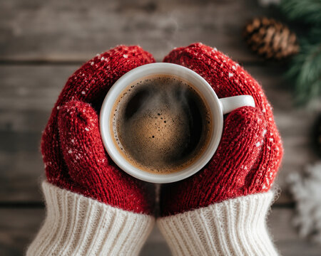 Hot Coffee Cup Held in Red Knitted Mittens on Winter Day