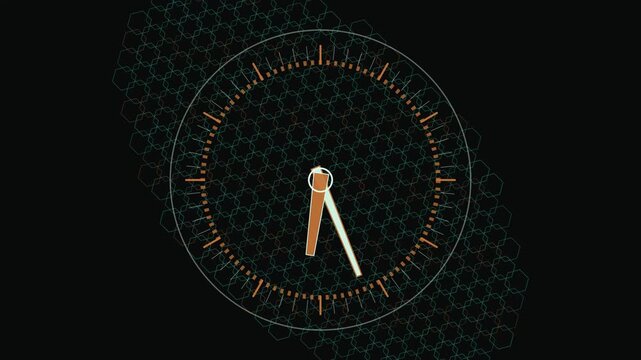 Minimalist digital clock animation with geometric hexagon background, for time management, and technology concepts