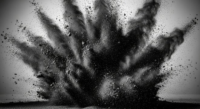 A dramatic burst of black charcoal dust explodes outward in a dense mist, featuring sharp realistic textures and fine gritty particles, dynamic, atmosphere, cloud