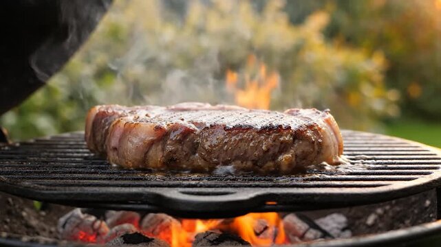 Juicy beef steak grilling on a hot charcoal barbecue