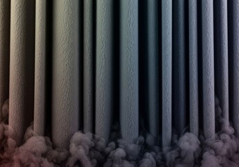 Obraz premium Heavy dark gray smoke hangs like a thick textured curtain with deep vertical pleats, creating a dense atmospheric layer of industrial soot, layers, dense, particulate