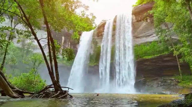 The atmosphere is made even more magical by the morning sunlight filtering through the forest canopy, creating a sparkling shimmer on the clear water of the natural pool below.