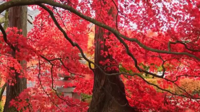 The beauty of a peaceful autumn landscape, focusing on vibrant red-leaved maple trees (*momiji*). The dense red foliage appears to sway gently in the breeze amidst sturdy tree trunks.