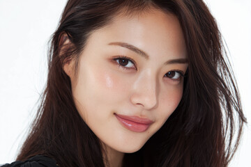 Naklejka premium Attractive Asian woman in a white background studio portrait showing cheerful emotion, confidence, and natural beauty expression.